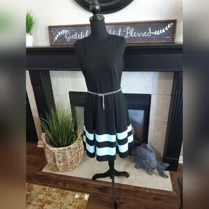 Calvin Klein Black and Blue Striped Dress with Chain Belt